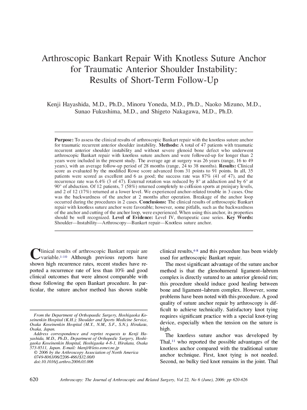 Arthroscopic Bankart Repair With Knotless Suture Anchor for Traumatic Anterior Shoulder Instability: Results of Short-Term Follow-Up