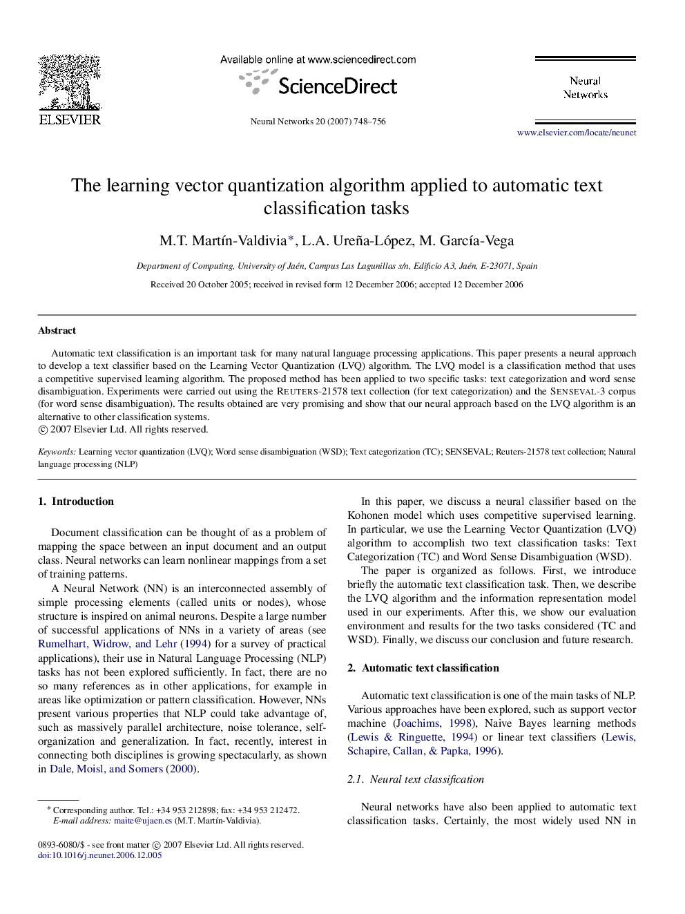 The learning vector quantization algorithm applied to automatic text classification tasks