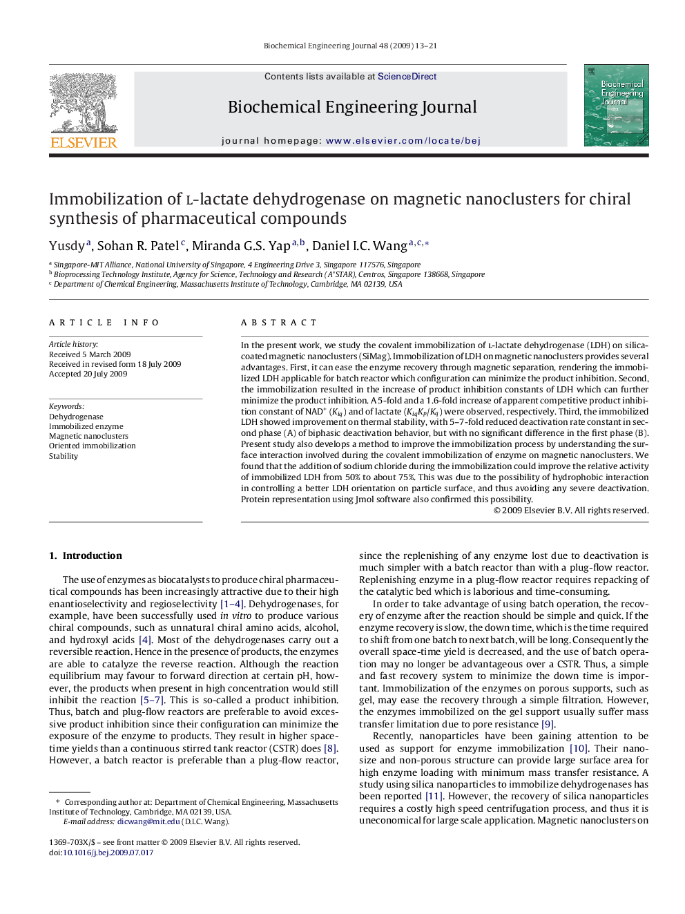 Immobilization of l-lactate dehydrogenase on magnetic nanoclusters for chiral synthesis of pharmaceutical compounds