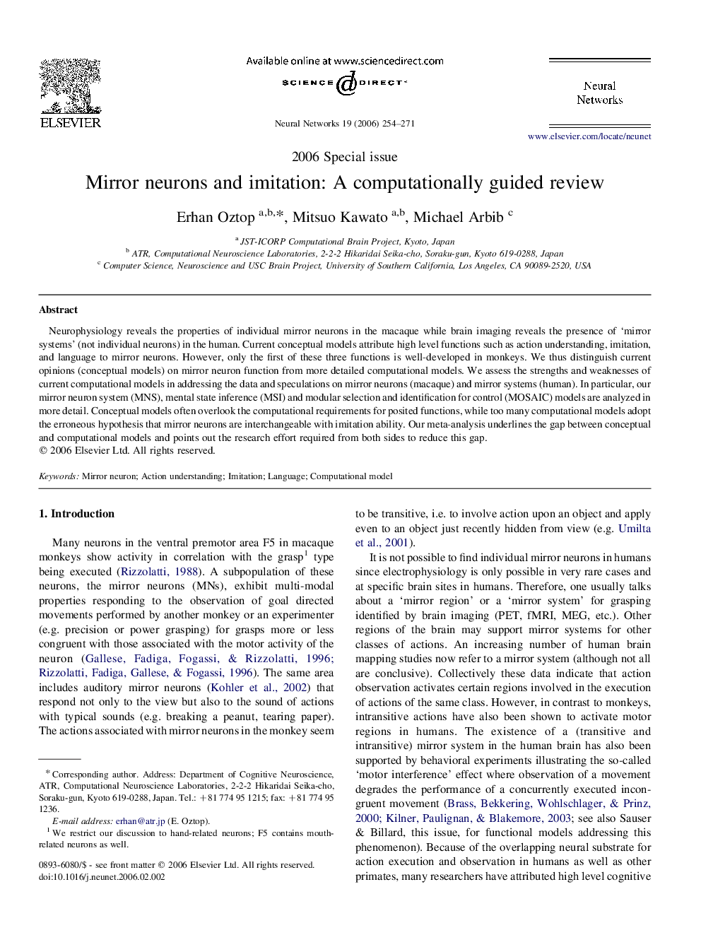 Mirror neurons and imitation: A computationally guided review