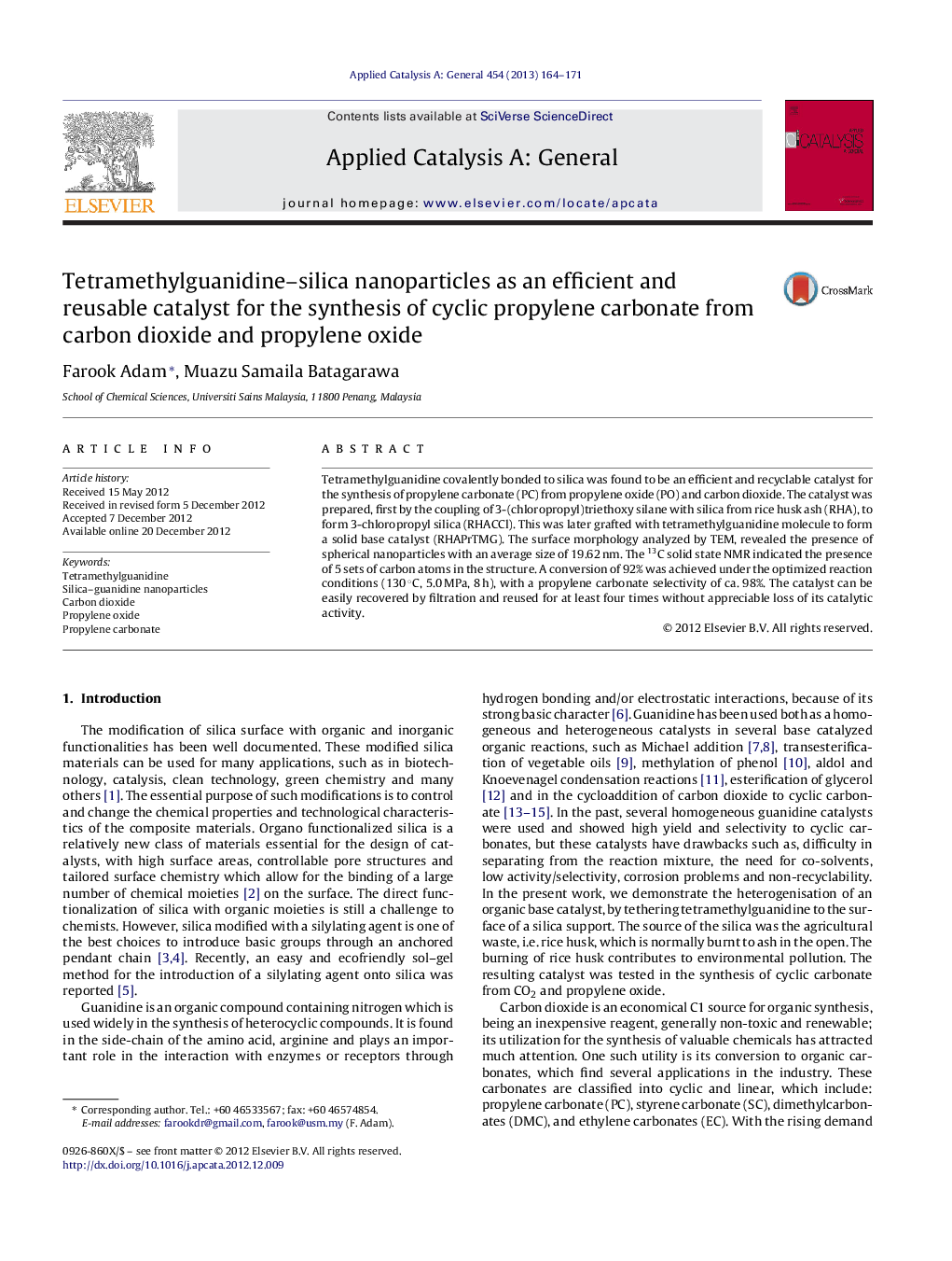 Tetramethylguanidine–silica nanoparticles as an efficient and reusable catalyst for the synthesis of cyclic propylene carbonate from carbon dioxide and propylene oxide