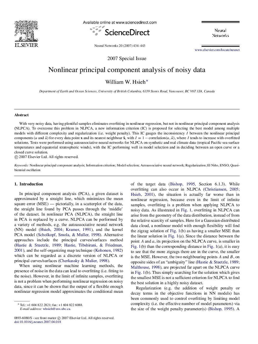 Nonlinear principal component analysis of noisy data