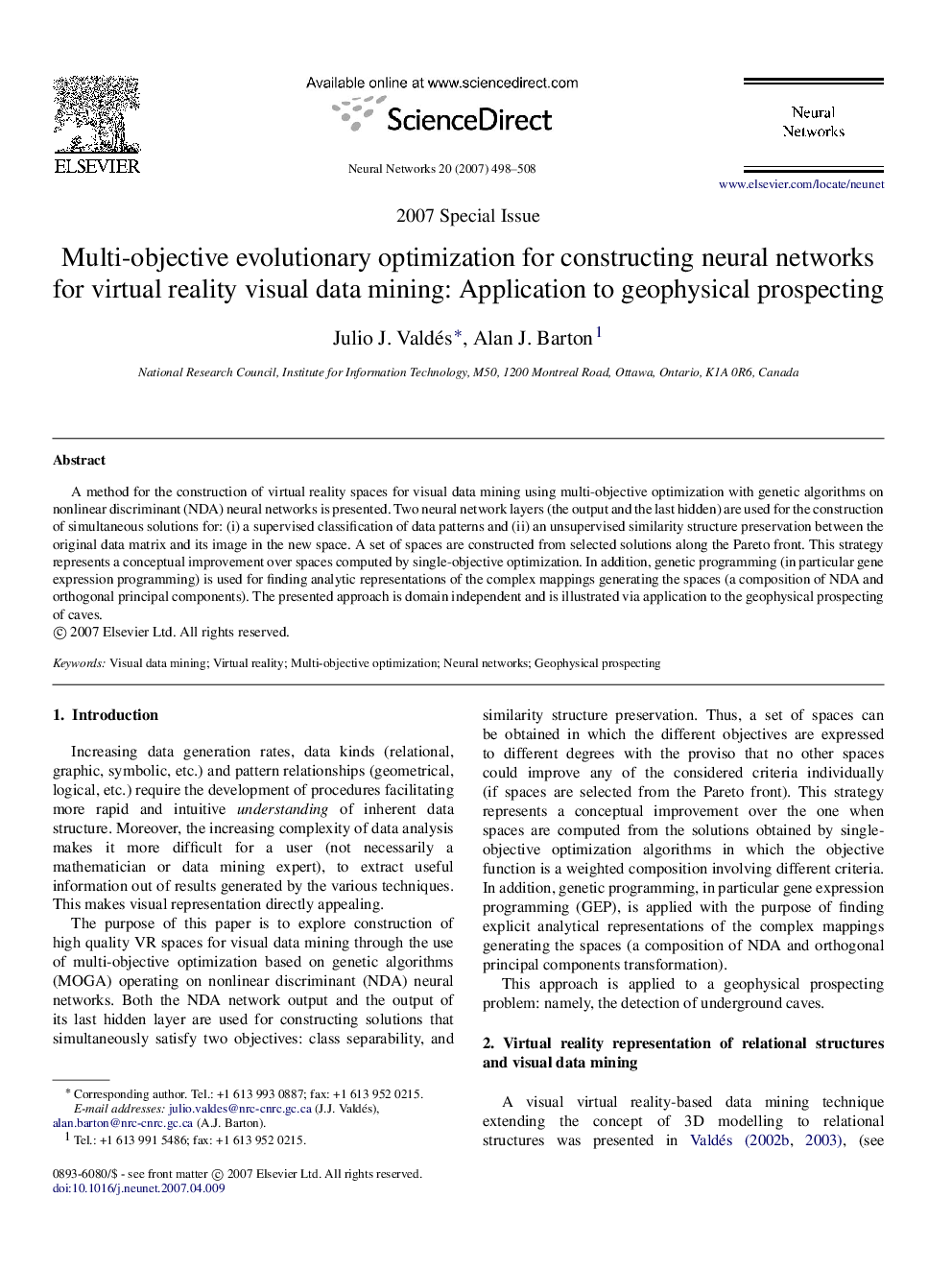 Multi-objective evolutionary optimization for constructing neural networks for virtual reality visual data mining: Application to geophysical prospecting