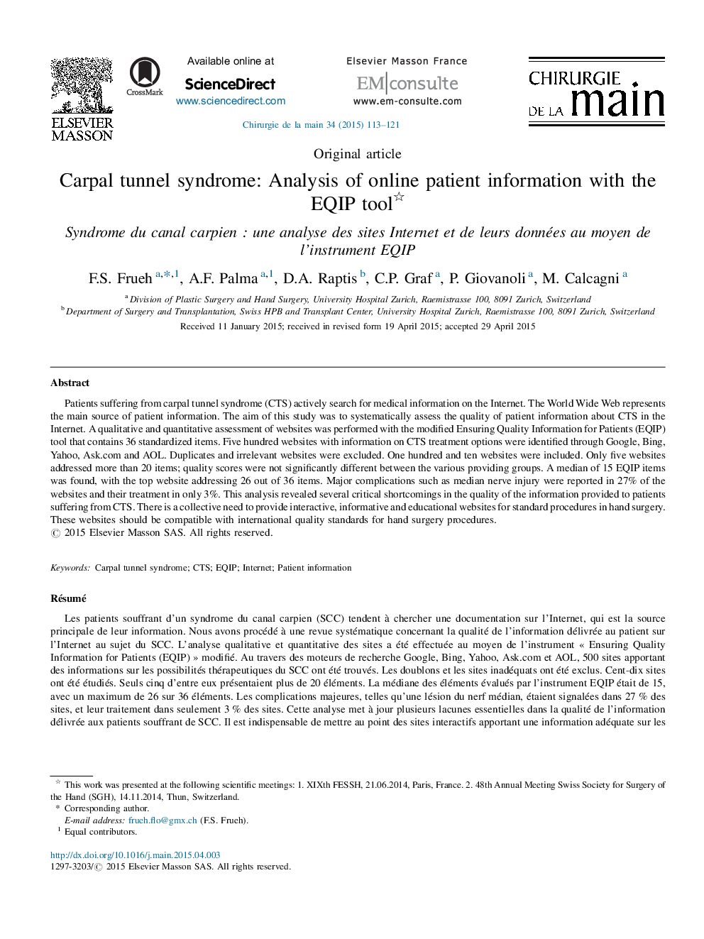 Carpal tunnel syndrome: Analysis of online patient information with the EQIP tool 