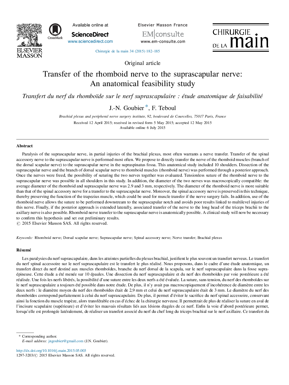 Transfer of the rhomboid nerve to the suprascapular nerve: An anatomical feasibility study