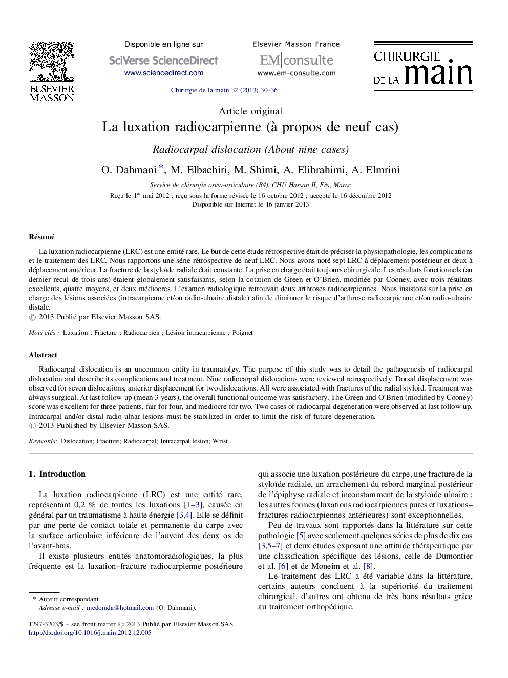 La luxation radiocarpienne (à propos de neuf cas)