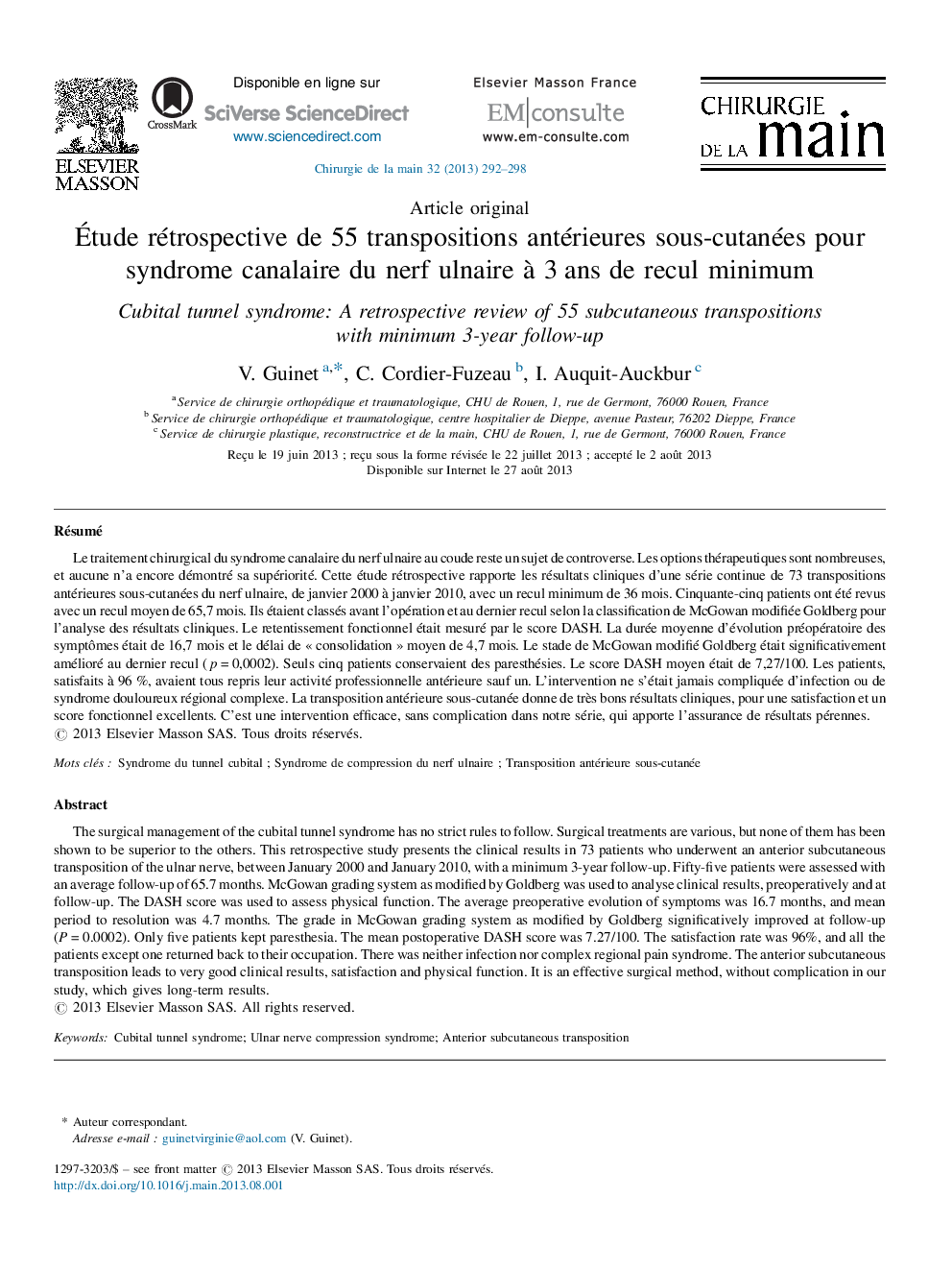 Étude rétrospective de 55 transpositions antérieures sous-cutanées pour syndrome canalaire du nerf ulnaire à 3 ans de recul minimum