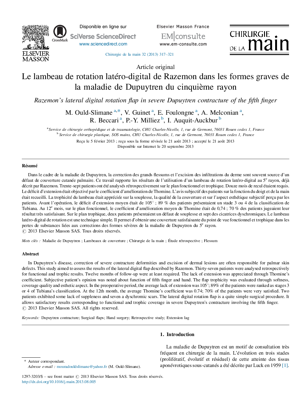 Le lambeau de rotation latéro-digital de Razemon dans les formes graves de la maladie de Dupuytren du cinquième rayon