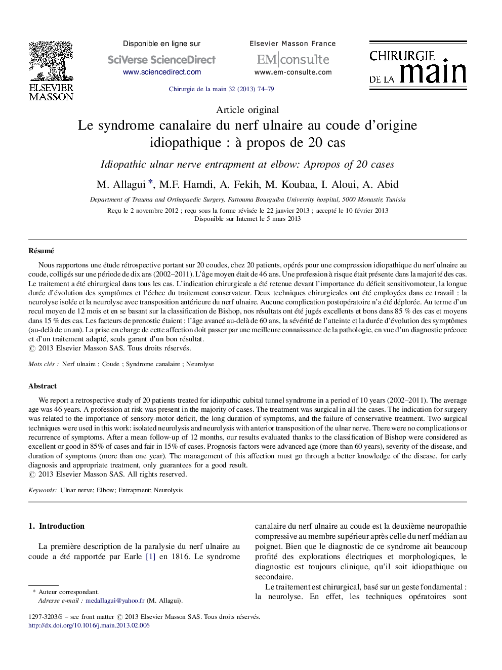 Le syndrome canalaire du nerf ulnaire au coude d’origine idiopathique : à propos de 20 cas