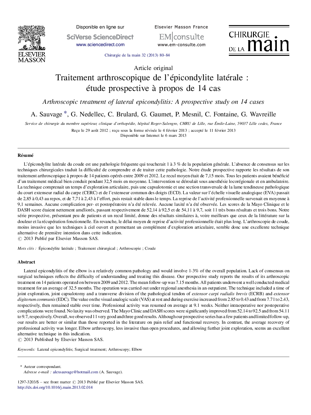 Traitement arthroscopique de l’épicondylite latérale : étude prospective à propos de 14 cas