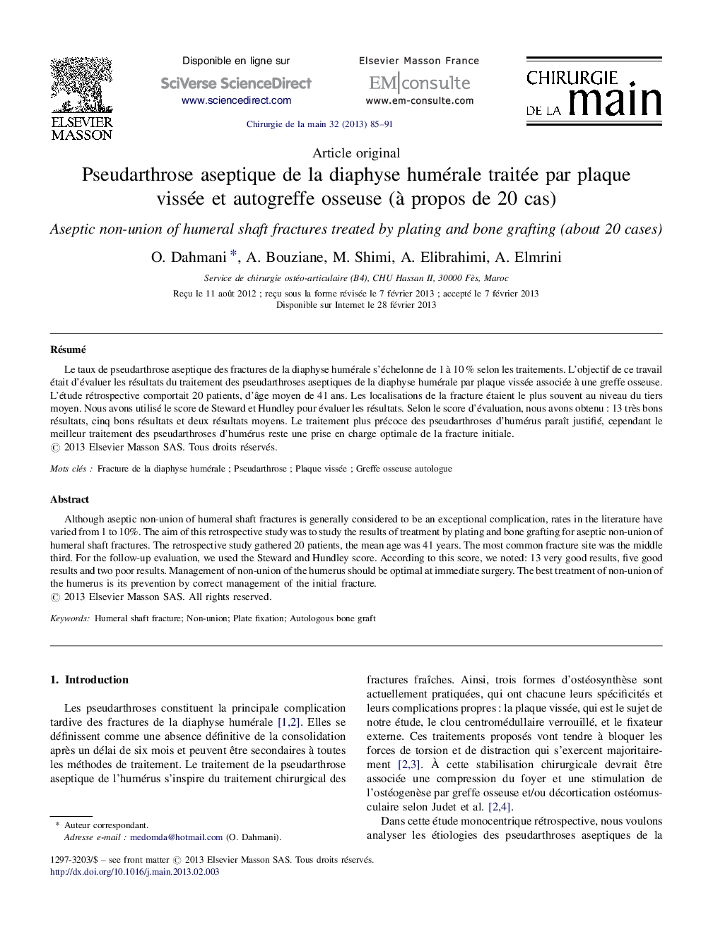 Pseudarthrose aseptique de la diaphyse humérale traitée par plaque vissée et autogreffe osseuse (à propos de 20 cas)