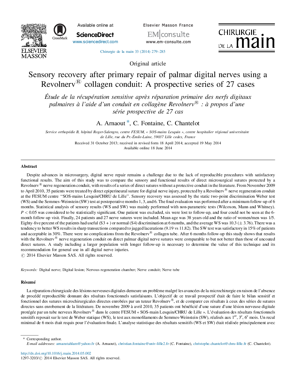 Sensory recovery after primary repair of palmar digital nerves using a Revolnerv® collagen conduit: A prospective series of 27 cases