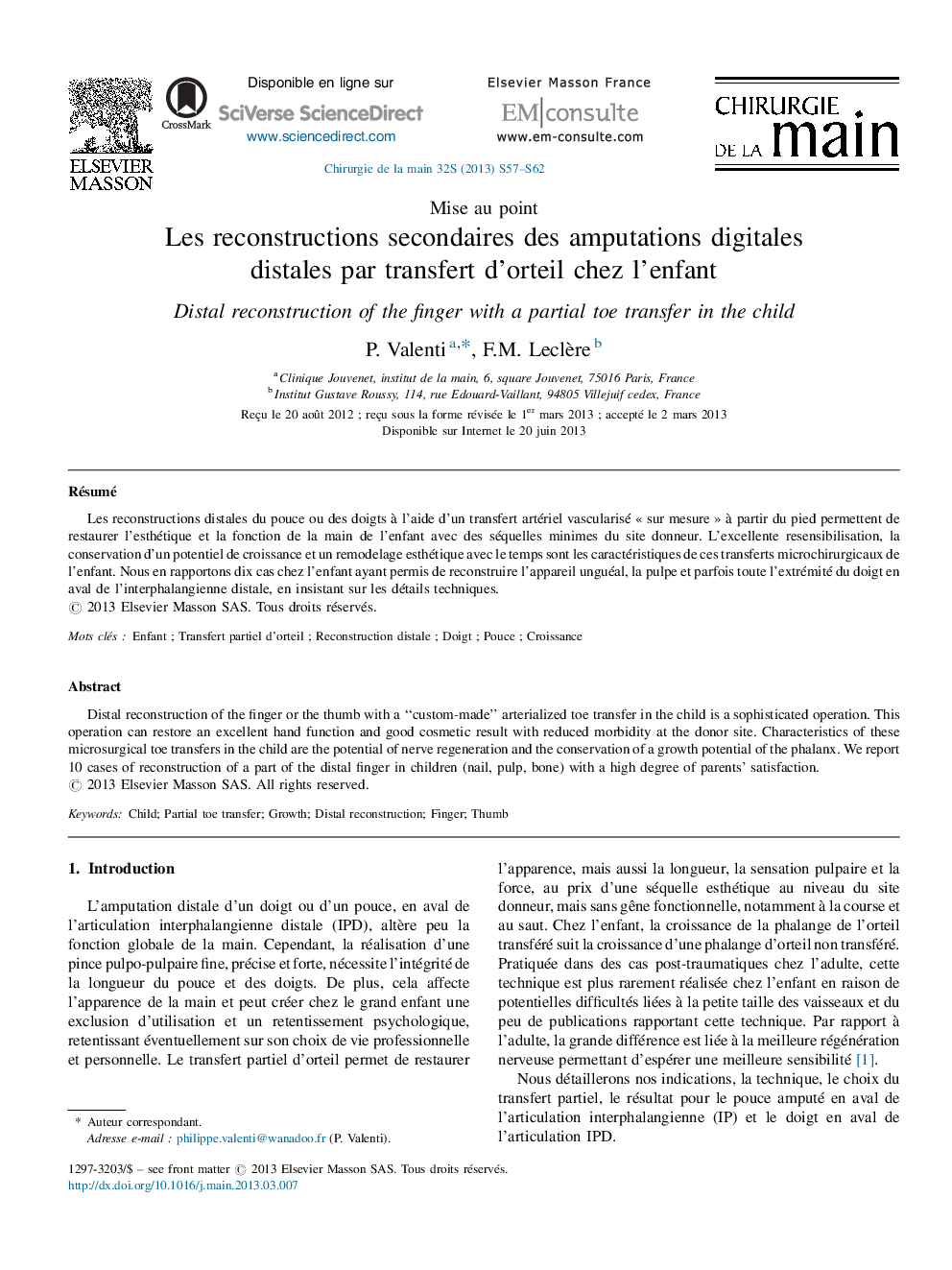 Les reconstructions secondaires des amputations digitales distales par transfert d’orteil chez l’enfant