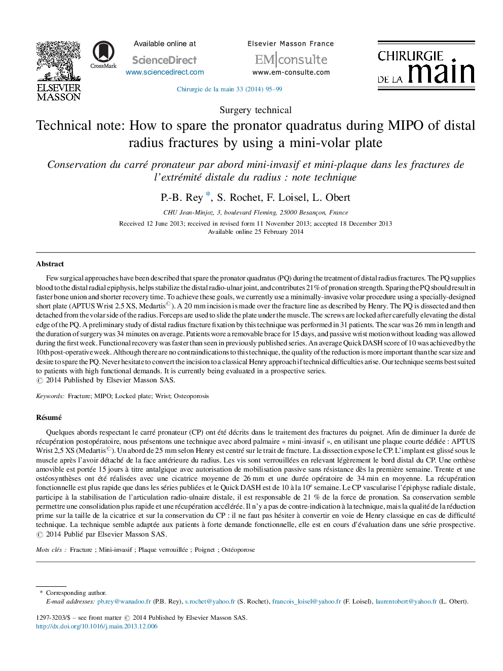 Technical note: How to spare the pronator quadratus during MIPO of distal radius fractures by using a mini-volar plate