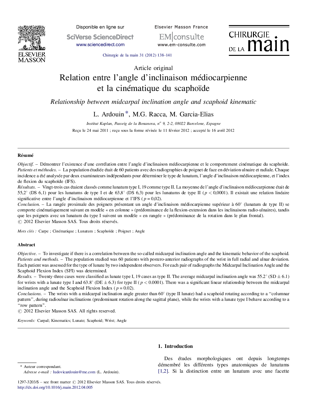 Relation entre l’angle d’inclinaison médiocarpienne et la cinématique du scaphoïde