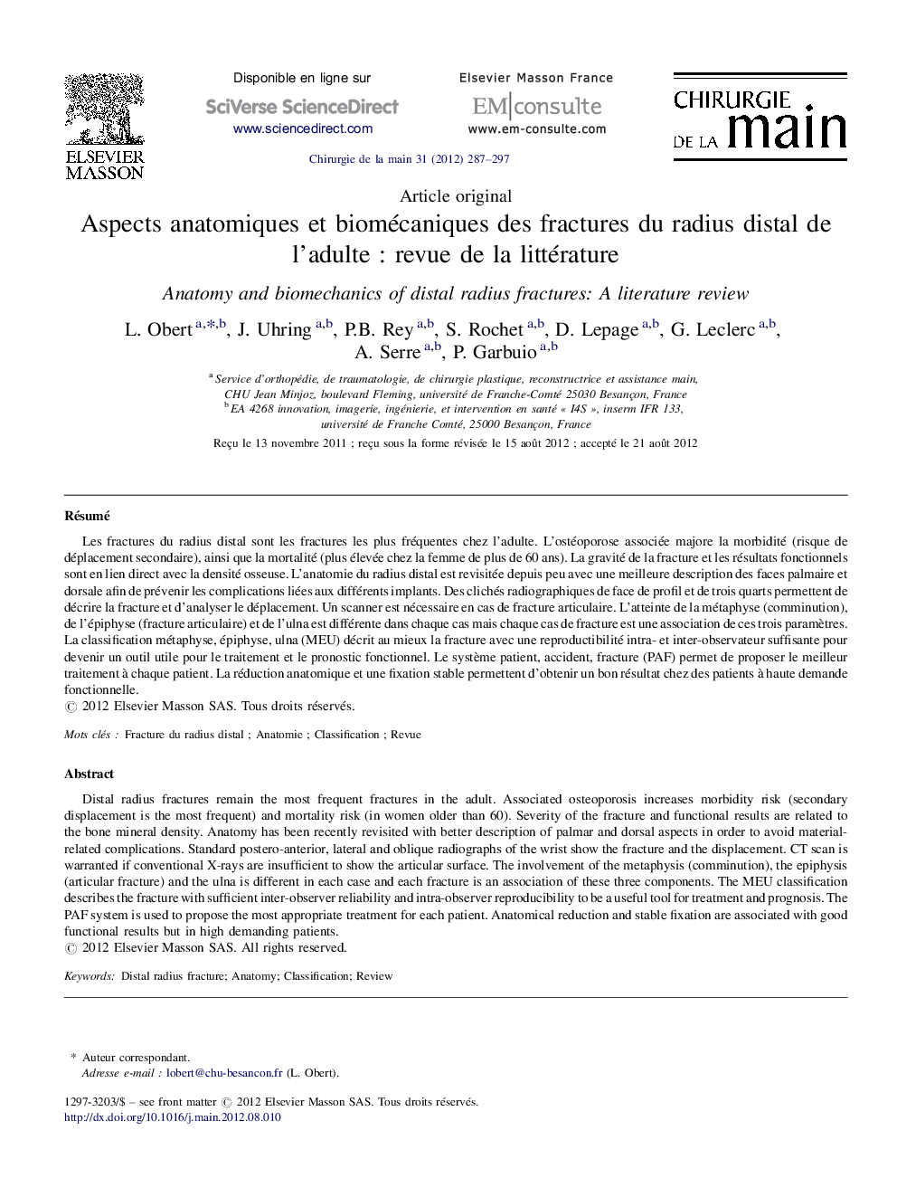 Aspects anatomiques et biomécaniques des fractures du radius distal de l’adulte : revue de la littérature