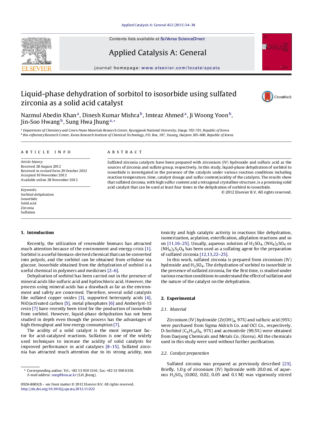 Liquid-phase dehydration of sorbitol to isosorbide using sulfated zirconia as a solid acid catalyst