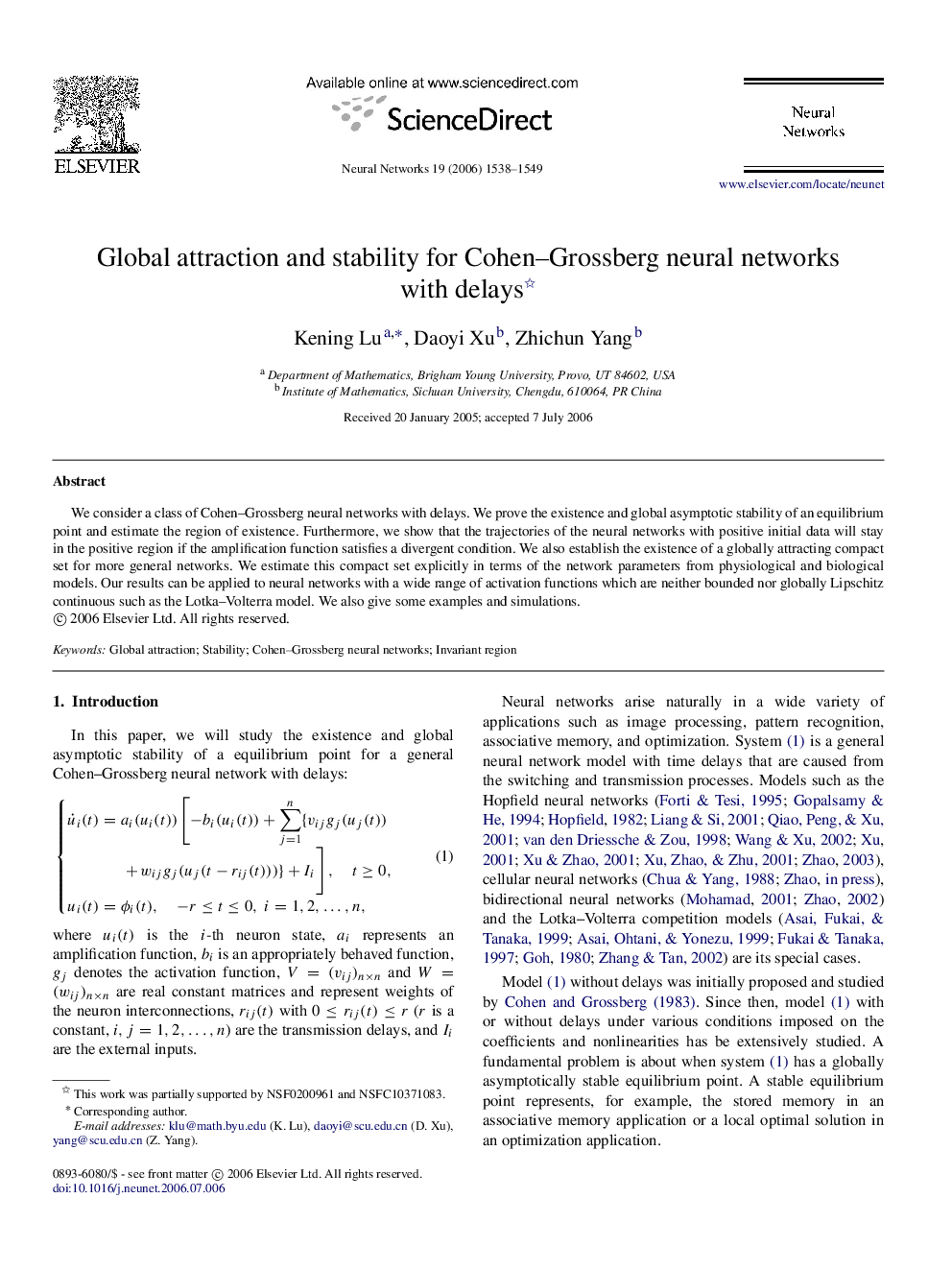 Global attraction and stability for Cohen–Grossberg neural networks with delays 