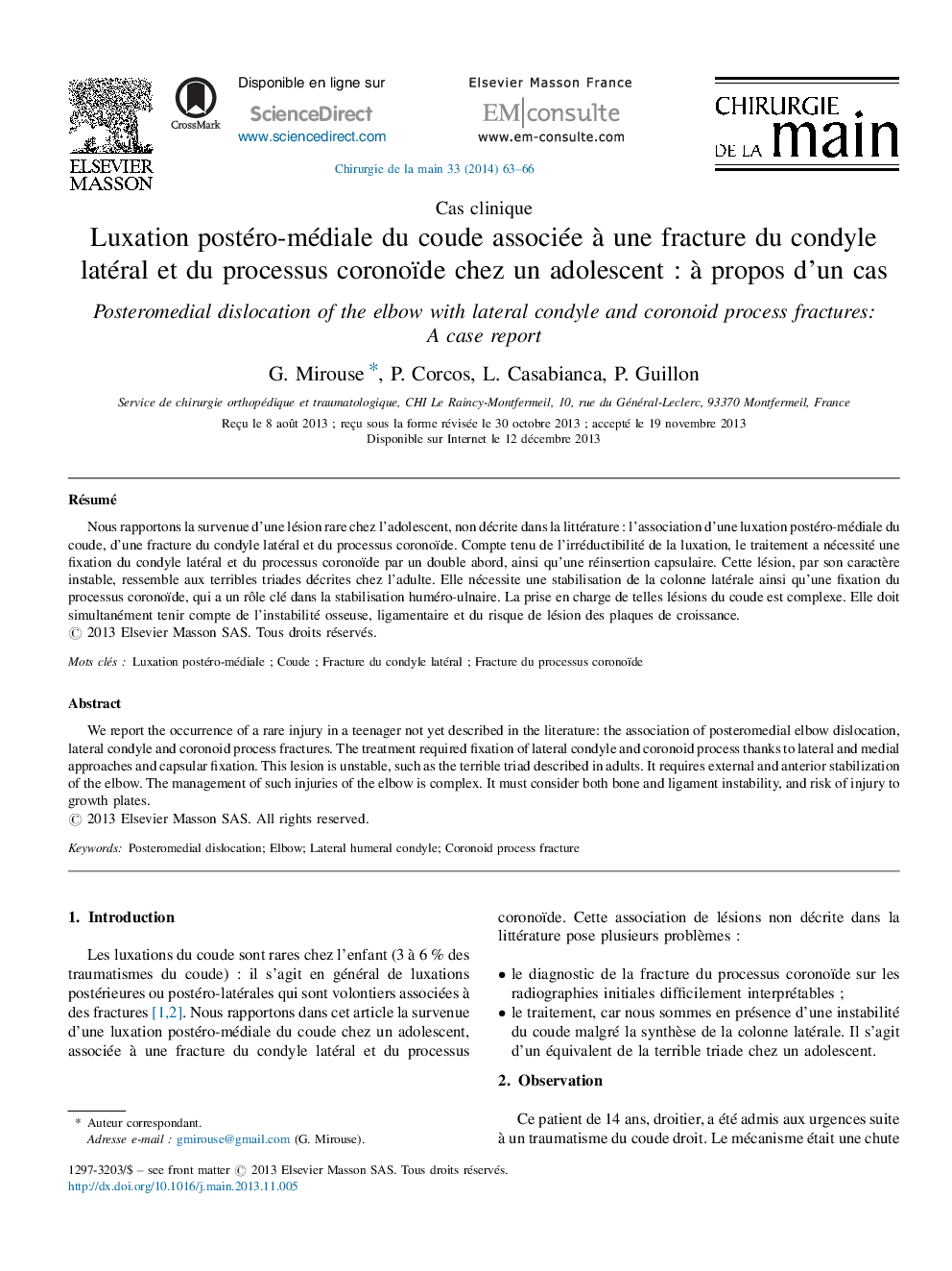 Luxation postéro-médiale du coude associée à une fracture du condyle latéral et du processus coronoïde chez un adolescent : à propos d’un cas