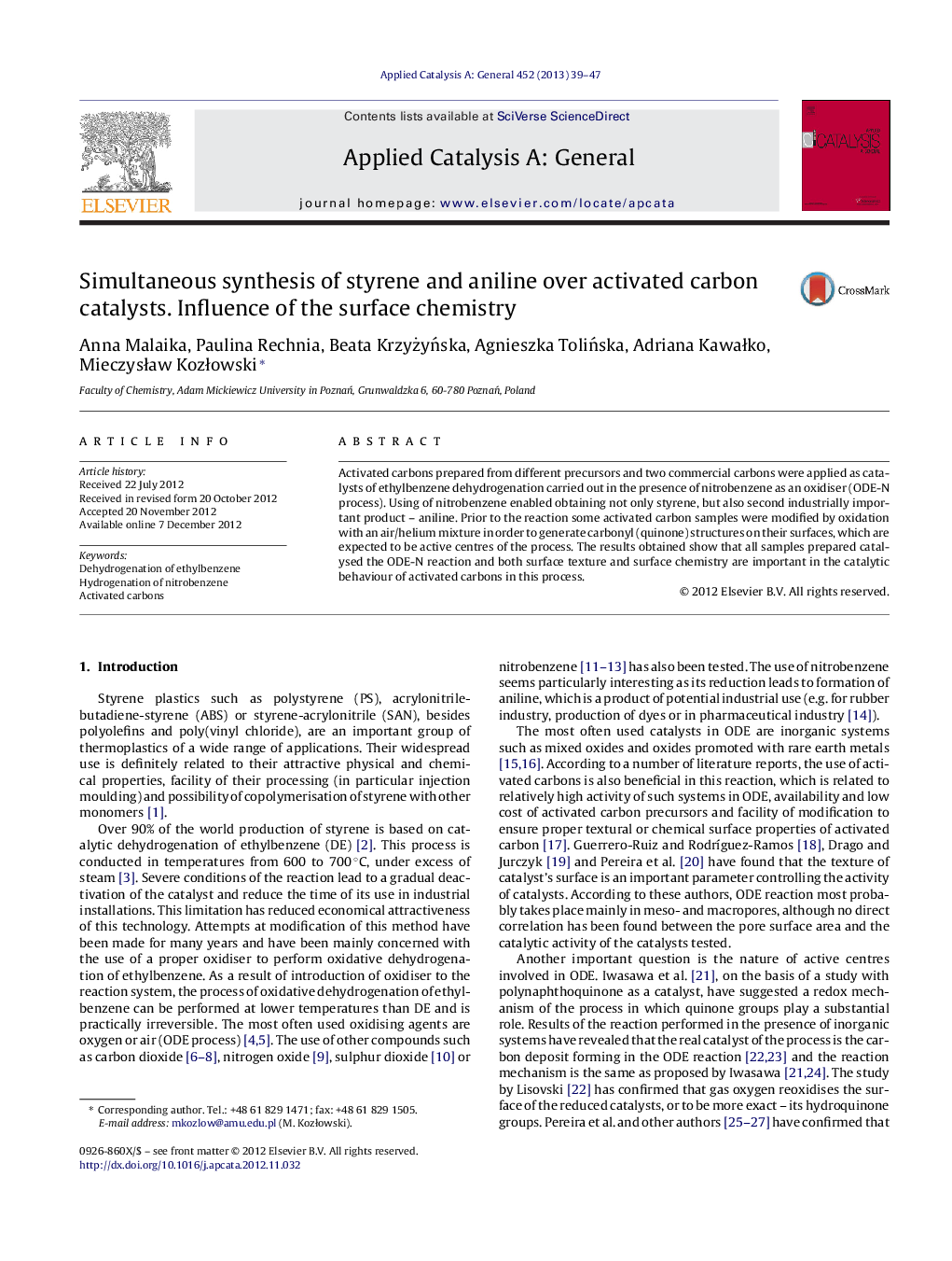 Simultaneous synthesis of styrene and aniline over activated carbon catalysts. Influence of the surface chemistry