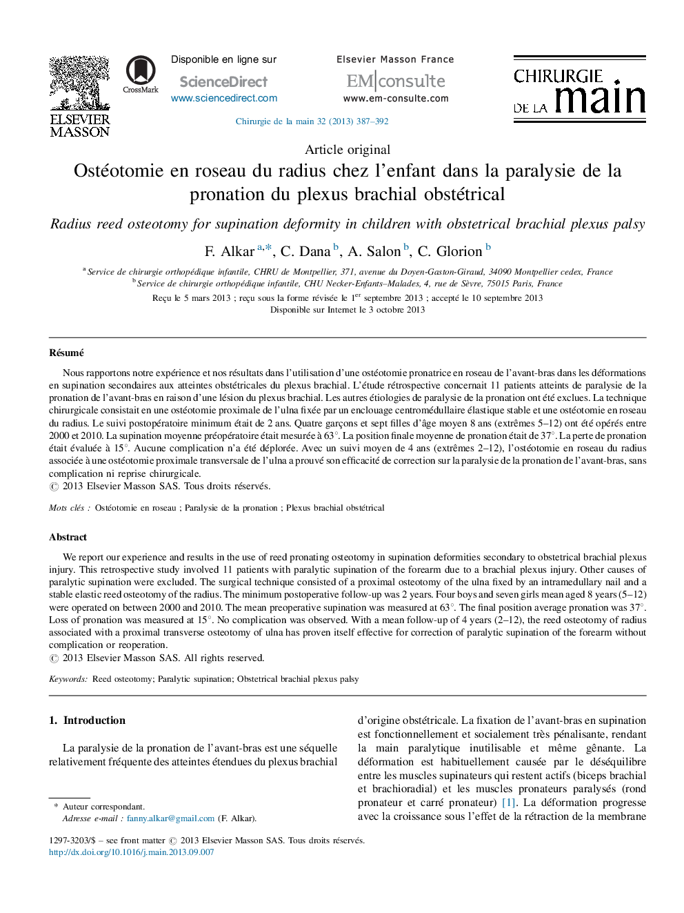 Ostéotomie en roseau du radius chez l’enfant dans la paralysie de la pronation du plexus brachial obstétrical