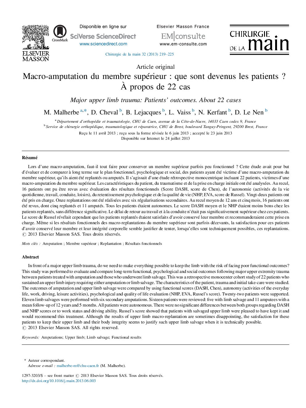 Macro-amputation du membre supérieur : que sont devenus les patients ? À propos de 22 cas