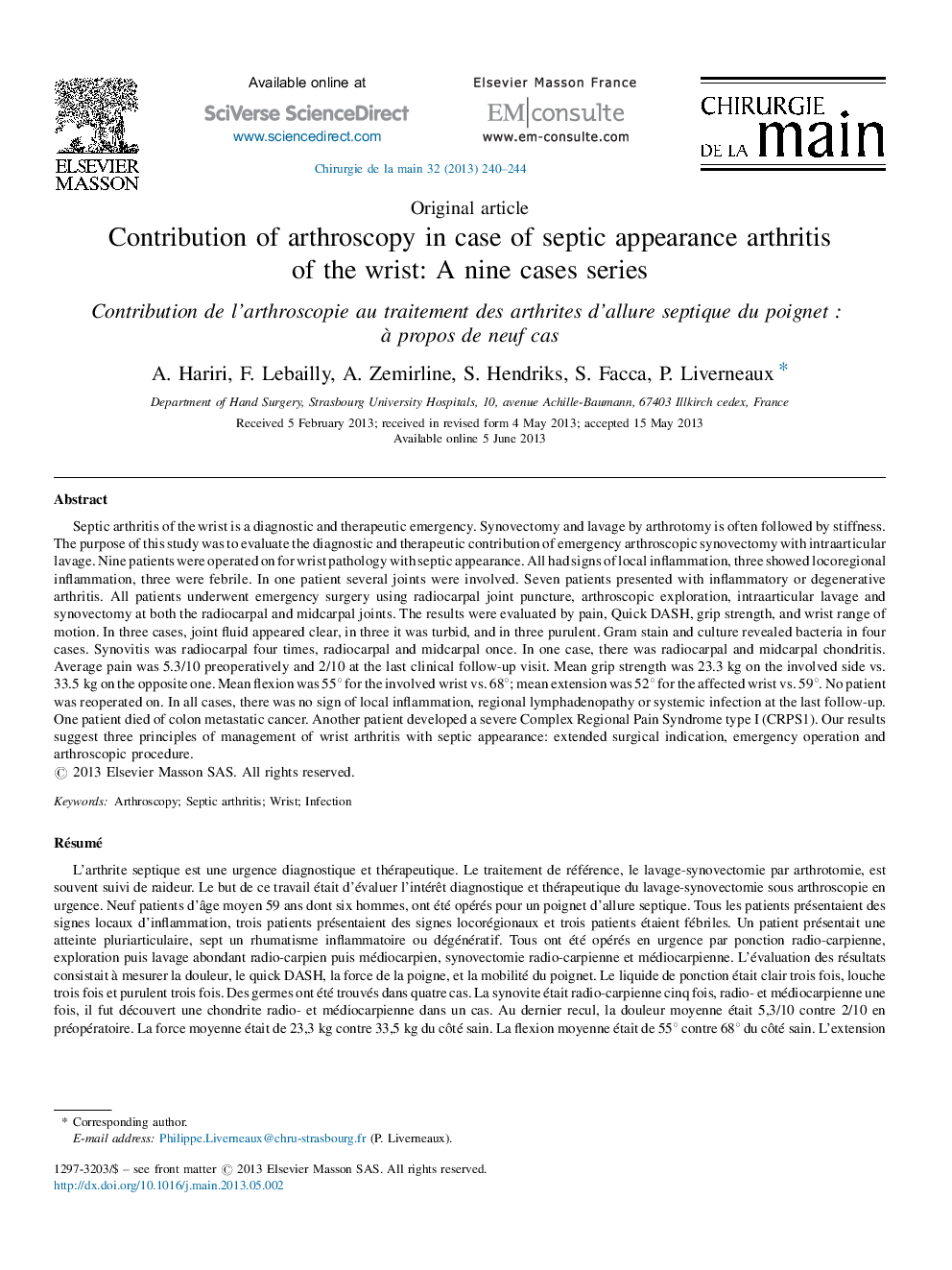 Contribution of arthroscopy in case of septic appearance arthritis of the wrist: A nine cases series