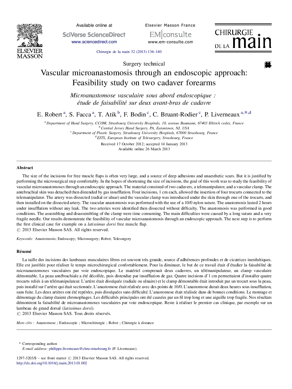 Vascular microanastomosis through an endoscopic approach: Feasibility study on two cadaver forearms