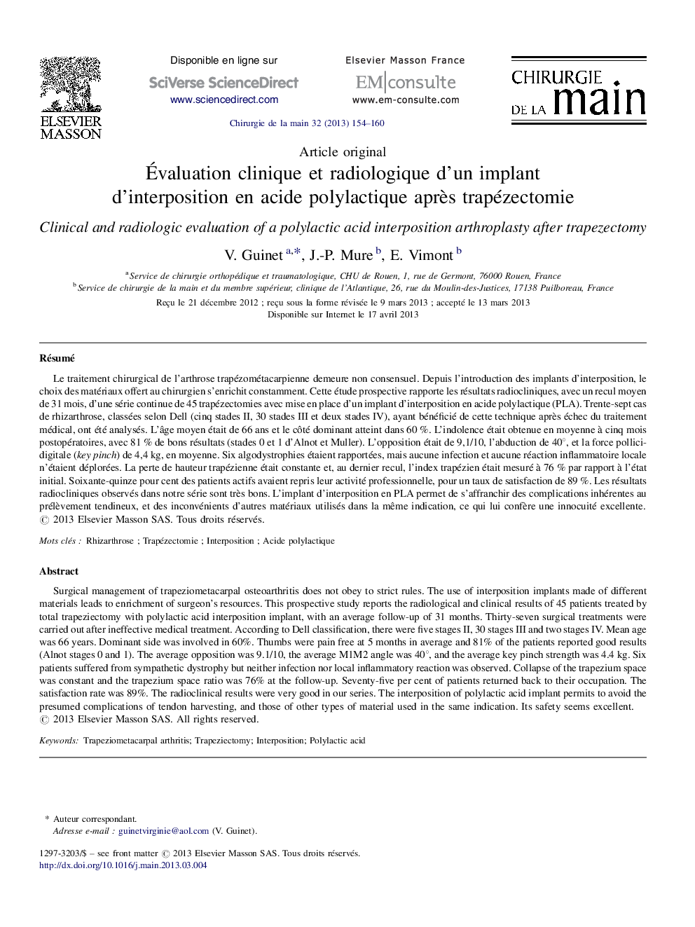 Évaluation clinique et radiologique d’un implant d’interposition en acide polylactique après trapézectomie