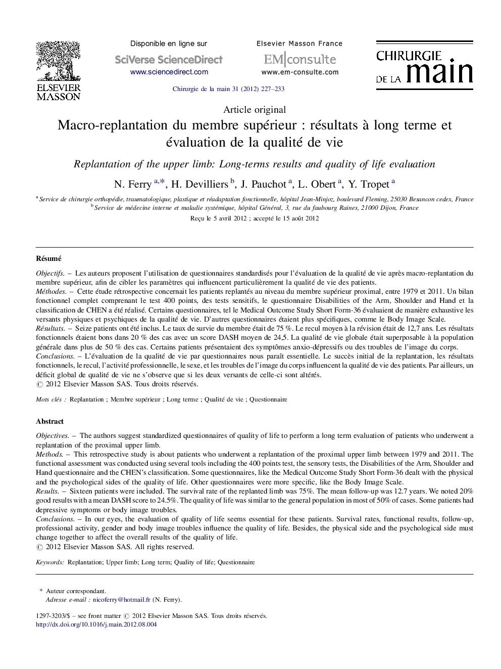 Macro-replantation du membre supérieur : résultats à long terme et évaluation de la qualité de vie