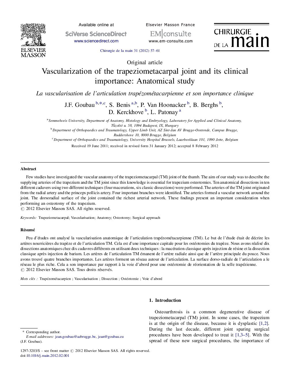 Vascularization of the trapeziometacarpal joint and its clinical importance: Anatomical study