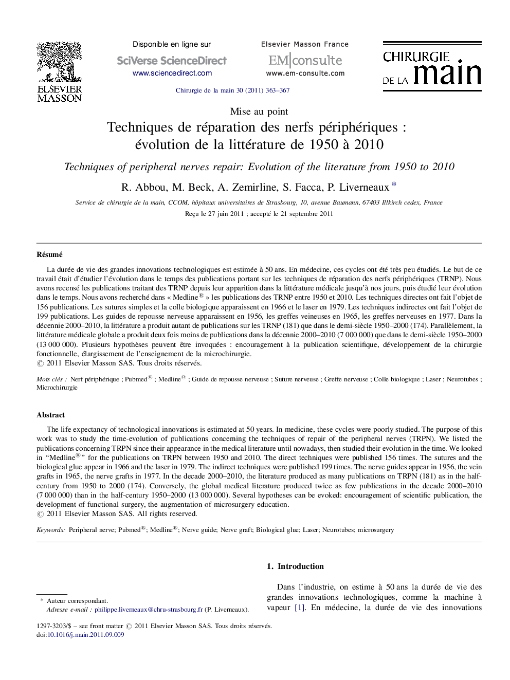 Techniques de réparation des nerfs périphériques : évolution de la littérature de 1950 à 2010