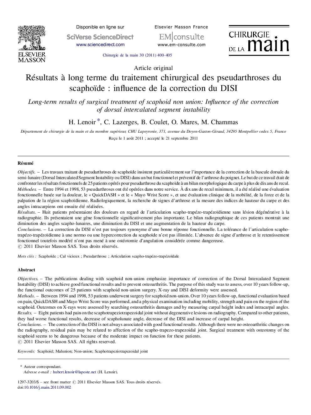 Résultats à long terme du traitement chirurgical des pseudarthroses du scaphoïde : influence de la correction du DISI