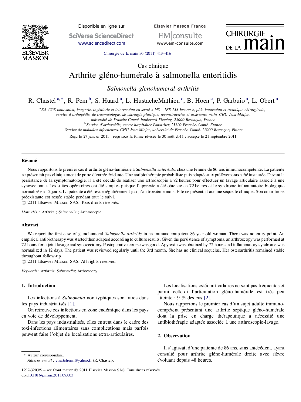 Arthrite gléno-humérale à salmonella enteritidis