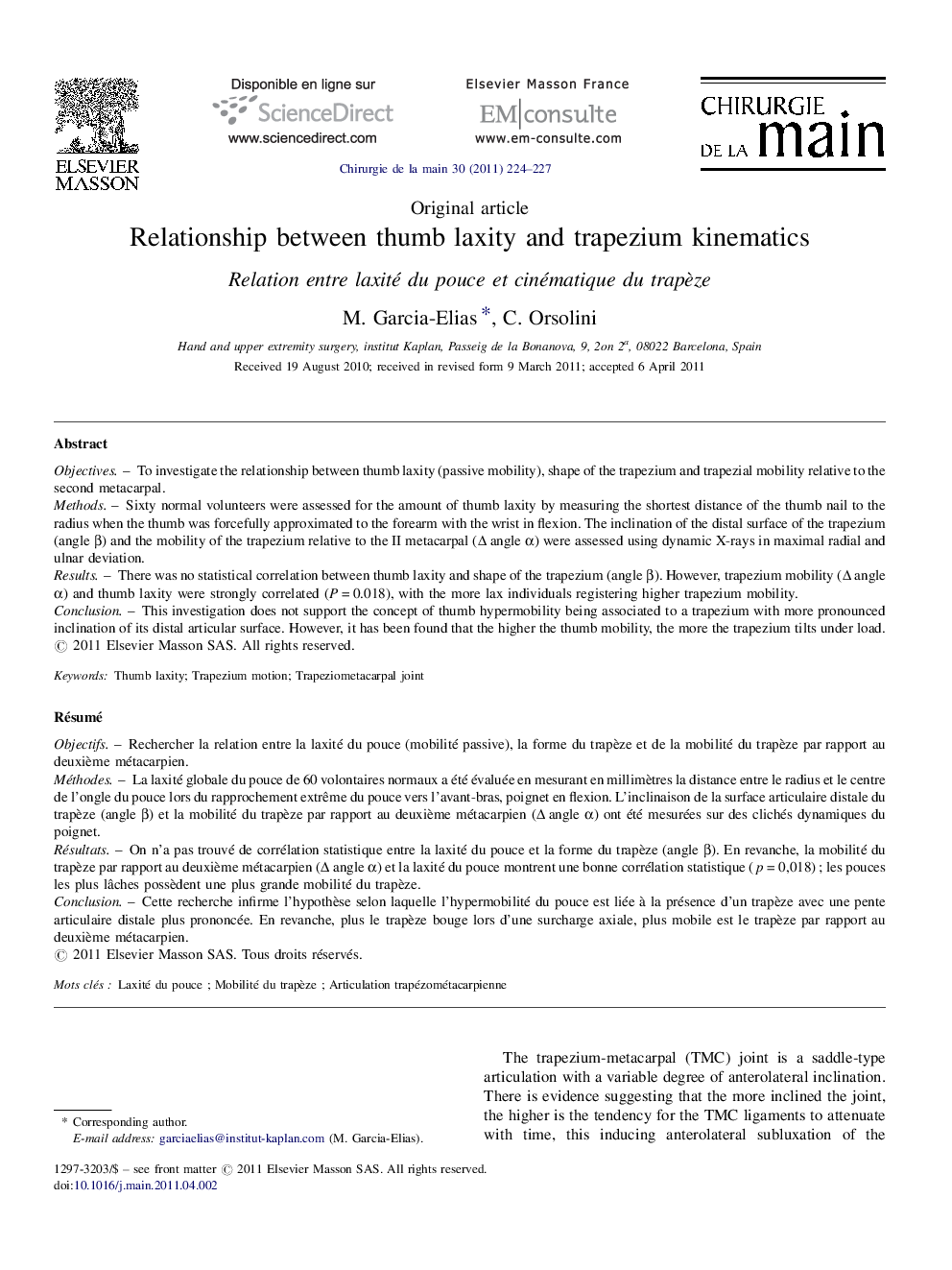 Relationship between thumb laxity and trapezium kinematics