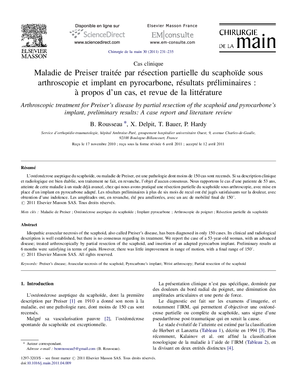 Maladie de Preiser traitée par résection partielle du scaphoïde sous arthroscopie et implant en pyrocarbone, résultats préliminaires : à propos d’un cas, et revue de la littérature