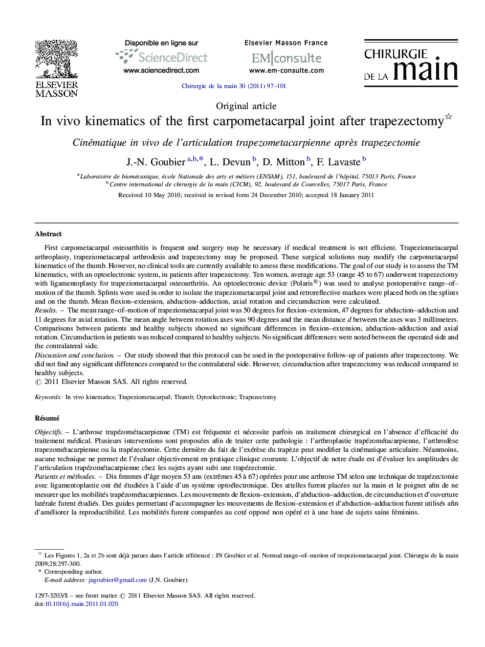 In vivo kinematics of the first carpometacarpal joint after trapezectomy 