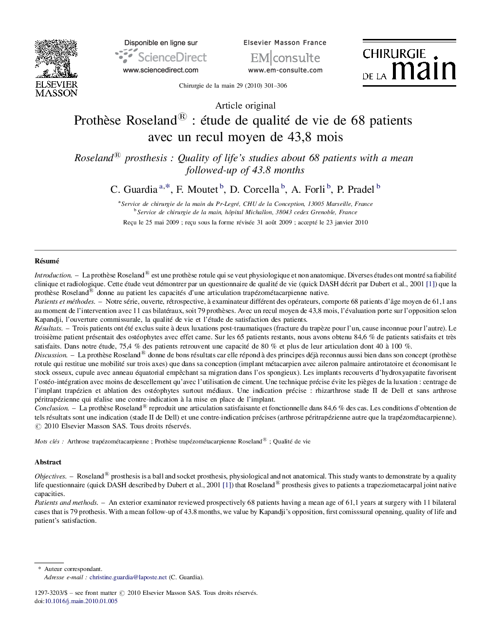 Prothèse Roseland® : étude de qualité de vie de 68 patients avec un recul moyen de 43,8 mois