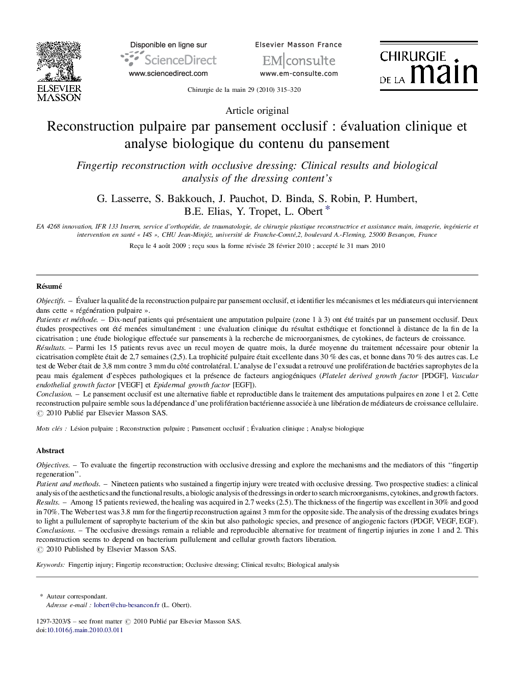 Reconstruction pulpaire par pansement occlusif : évaluation clinique et analyse biologique du contenu du pansement