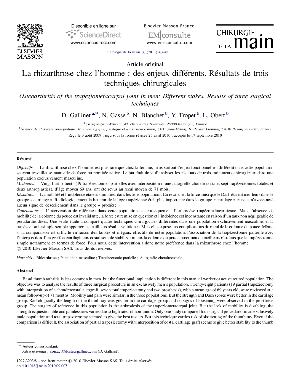 La rhizarthrose chez l’homme : des enjeux différents. Résultats de trois techniques chirurgicales