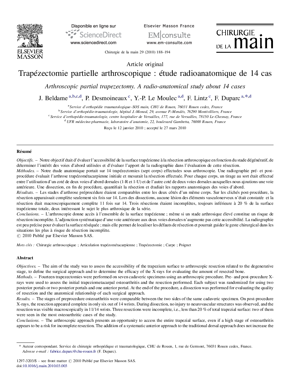 Trapézectomie partielle arthroscopique : étude radioanatomique de 14 cas