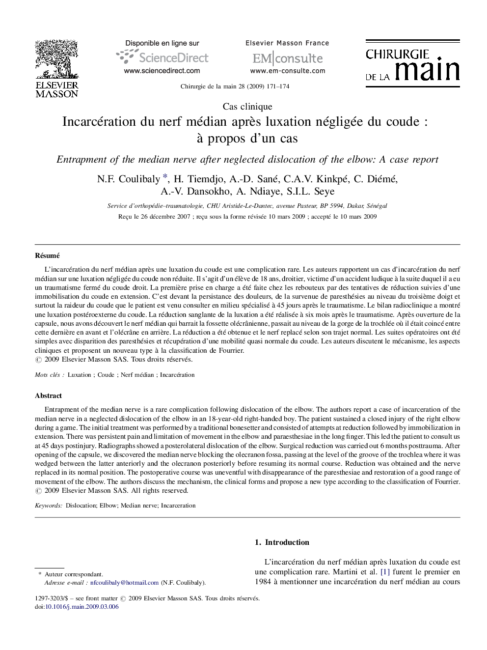 Incarcération du nerf médian après luxation négligée du coude : à propos d’un cas