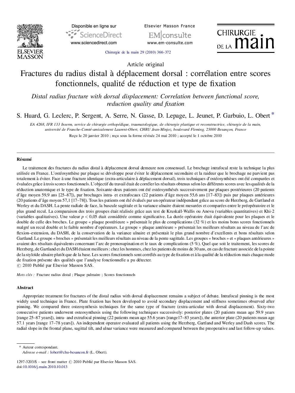 Fractures du radius distal à déplacement dorsal : corrélation entre scores fonctionnels, qualité de réduction et type de fixation