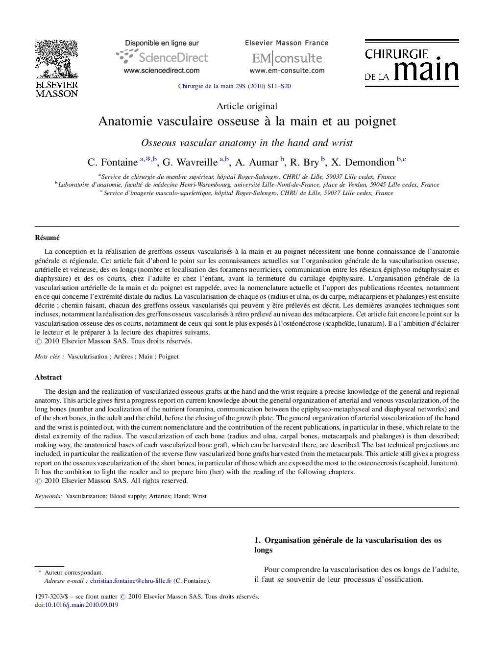 Anatomie vasculaire osseuse à la main et au poignet