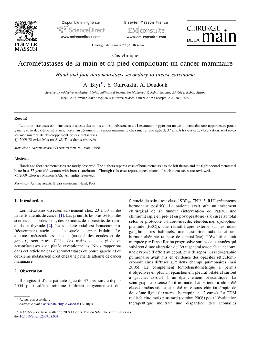 Acrométastases de la main et du pied compliquant un cancer mammaire