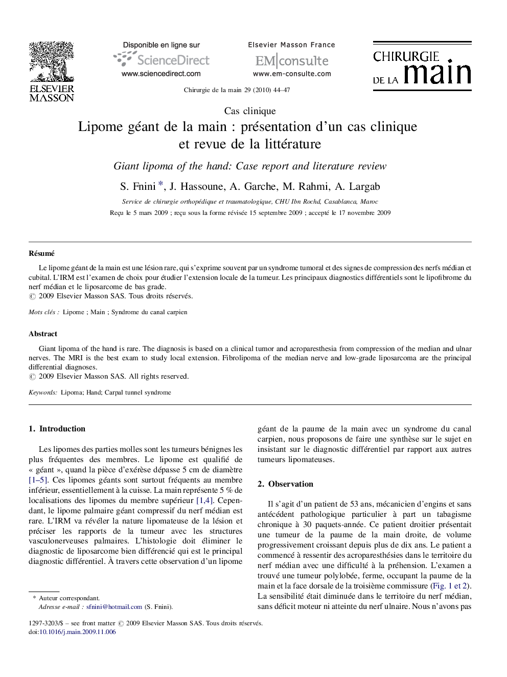 Lipome géant de la main : présentation d’un cas clinique et revue de la littérature