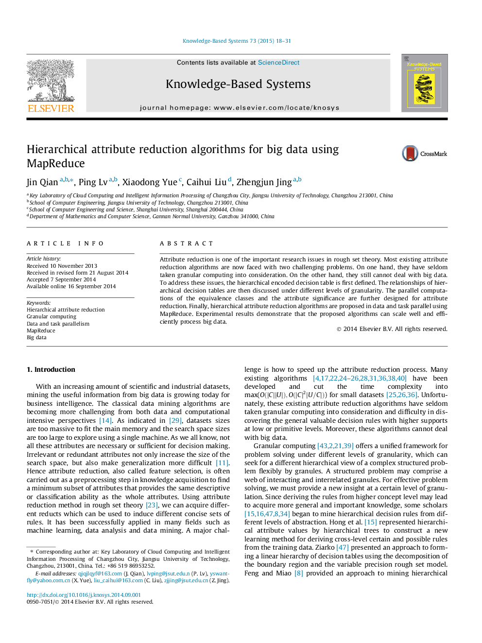 Hierarchical attribute reduction algorithms for big data using MapReduce