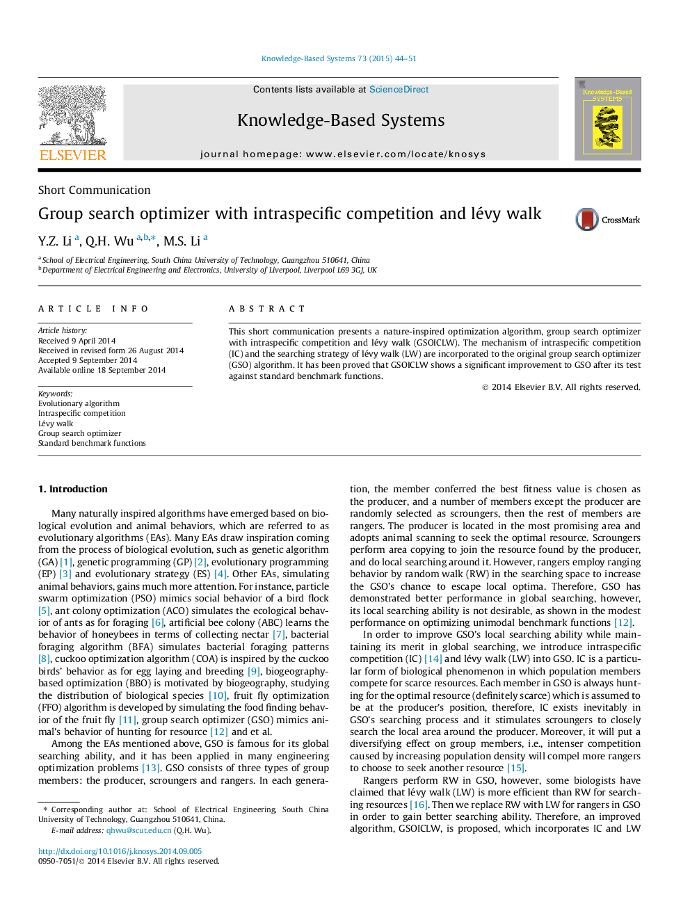 Group search optimizer with intraspecific competition and lévy walk