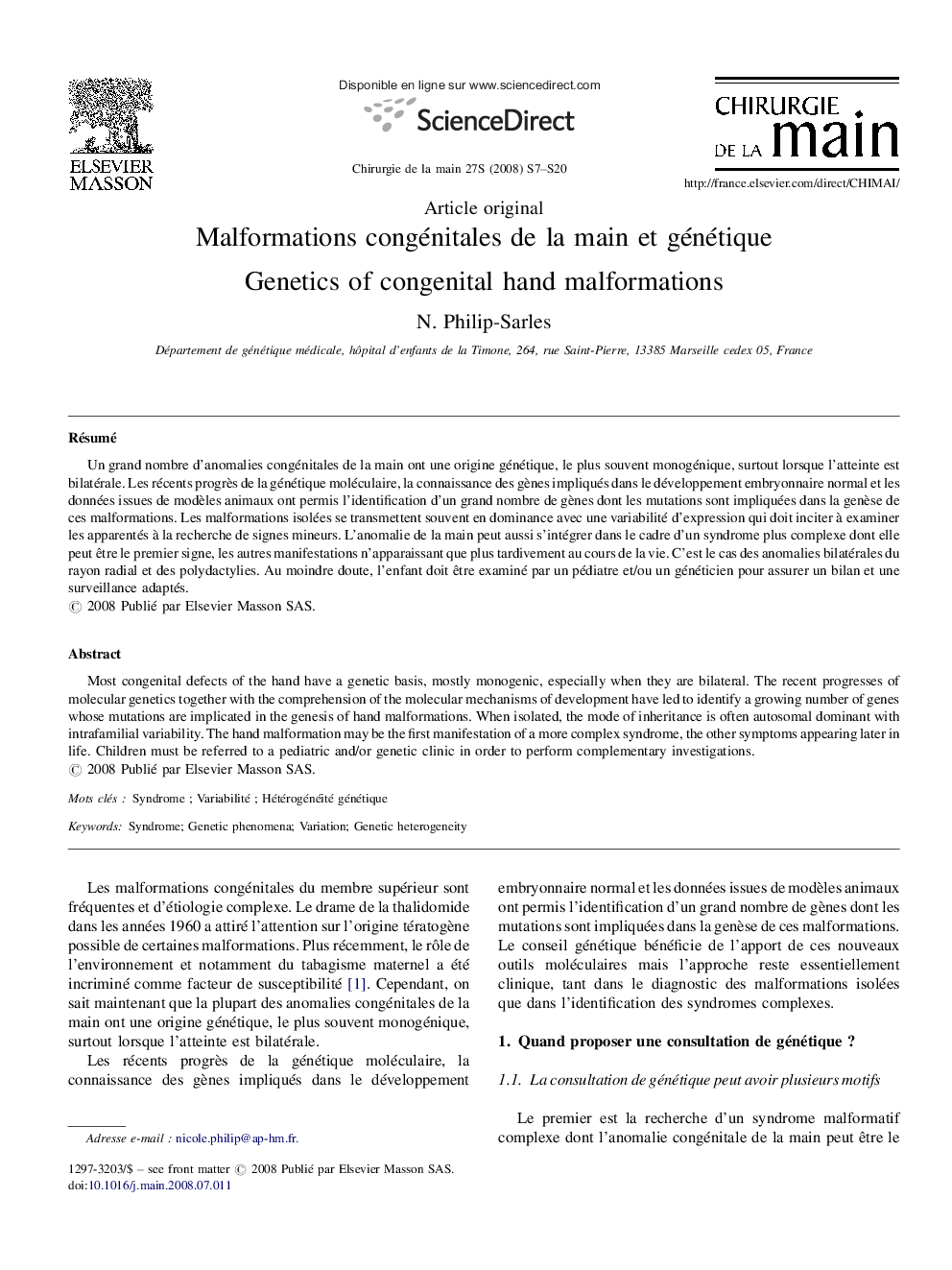 Malformations congénitales de la main et génétique