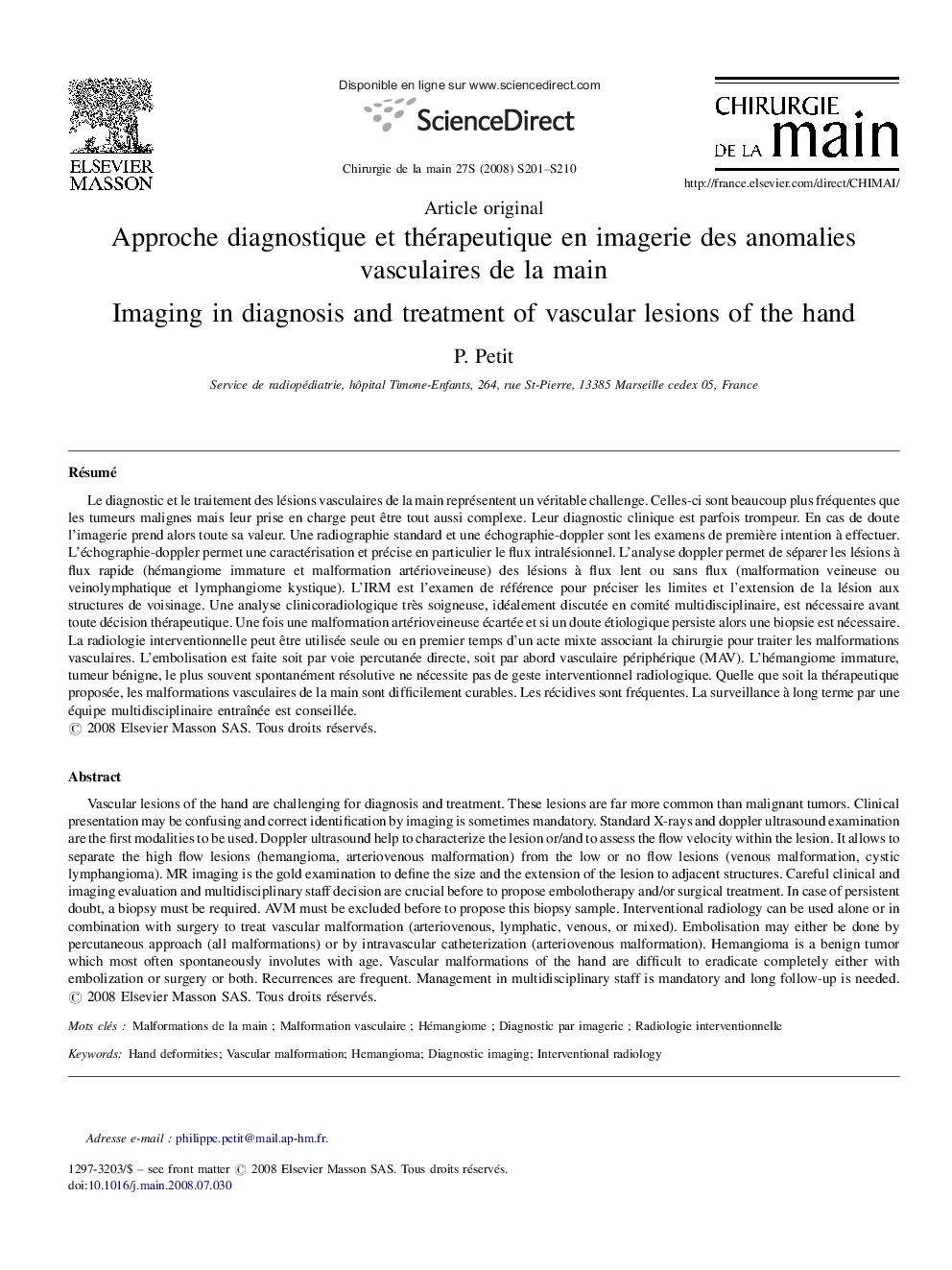 Approche diagnostique et thérapeutique en imagerie des anomalies vasculaires de la main